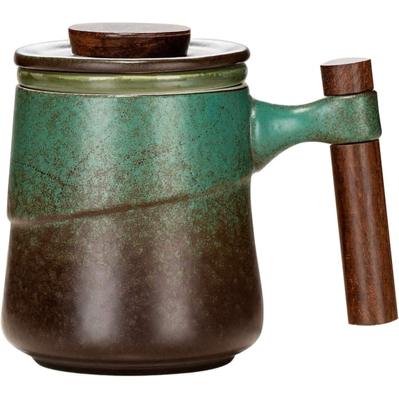 Tea Cup with Infuser and Lid, Retro Tea Mug Cups with Infuser, Wood Handle Ceramic Coffee Mug with Lid for Steeping Loose Leaf Tea 320ml/10.82OZ (Vintage Green)