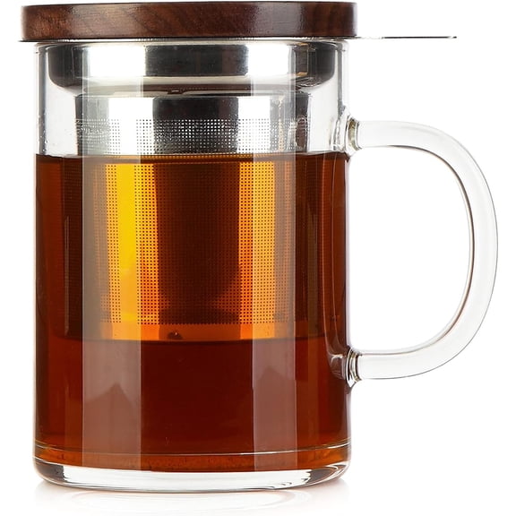 Tea Cup with Infuser Walnut Lid&Handle, Glass Tea Cups with Wide Mouth Extra Large Capacity, Stainless Steel Tea Infuser Mug for Loose Leaf Tea Steeping(14oz/400ml)