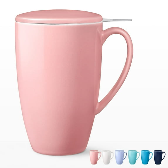 Tea Cup with Lid, Tea Infuser Cup, 500ml 16oz Mug, Tea Cup with Stainless Steel Filter, Tea Cup with Infuser, Tea Mugs with Infuser and Lid, Tea Gifts for Tea Lovers, Tea Infuser Mug - Light Pink