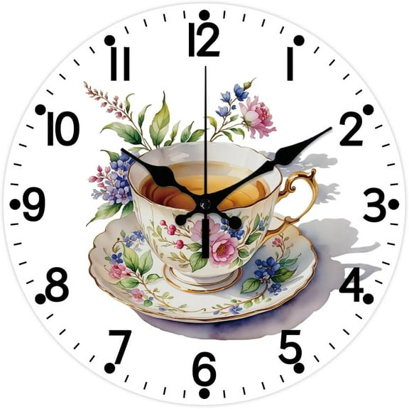 Tea Cup Pattern Wall Clock 12 Inch Non-Ticking Flowers Pattern Clocks Round Wall Hanging Clock Battery Operated for Bedroom Living Room Kitchen Office