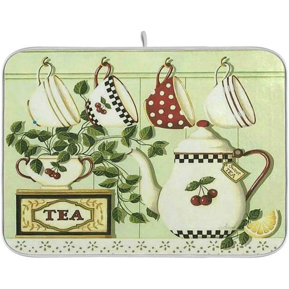 Tea Cup Pot Dish Drying Mat for Kitchen Lemon Leaves Cherry Microfiber Drying Mats Absorbent Reversible Dish Pad Medium Dish Draining Mat 16x18 inch