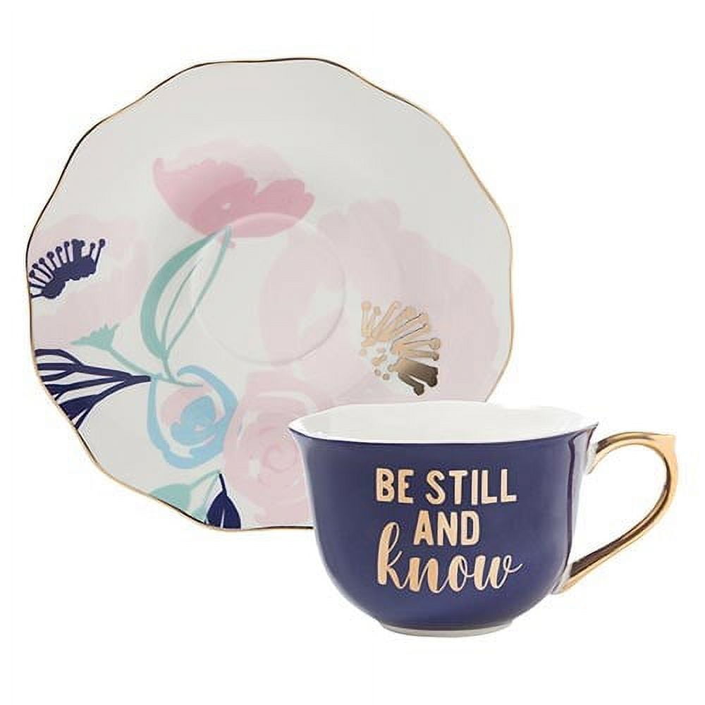 Be Still Ceramic Tea Cup and Saucer Set with Gold Handle