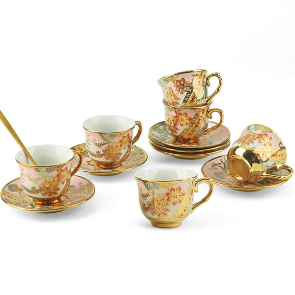 Tea Cup Set for 6 Guests with Elegant Patterns - Dishwasher Safe Multipurpose Set for Tea, Coffee, and Flower Tea