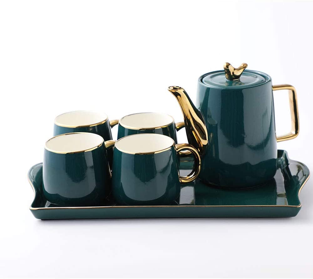 Tea Cup Teapot Set with Tray, Emerald Ceramic Teapot Coffee Cups Set Christmas Gift for Drinking Tea Latte Water, Tea Pot 40 OZ, 4 Cups 10 OZ