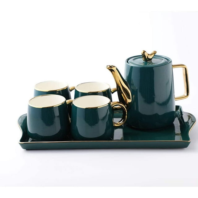 Tea Cup Teapot Set with Tray, Emerald Ceramic Teapot Coffee Cups Set ...
