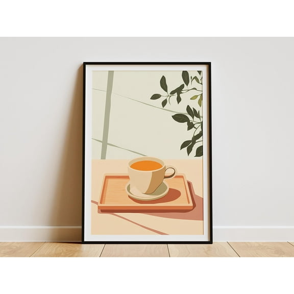 Tea Cup on Wooden Tray Poster Minimalist Tea Art Print Modern Kitchen Decor print Wall Art Home Decor Botanical Illustration Tea Lover Gift - Poster Unframed