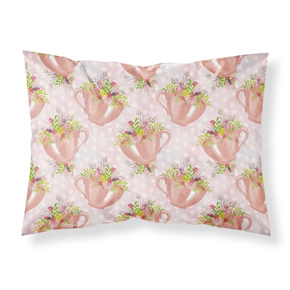 Tea Cup and Flowers Pink Fabric Standard Pillowcase