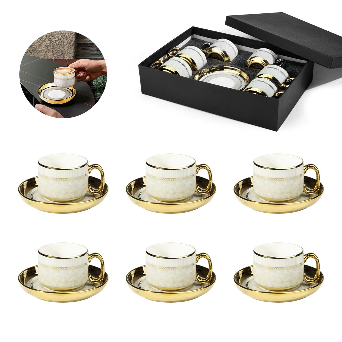 Tea Cup and Saucer Set, Espresso Cups with Saucer, Ceramic Espresso Cups Set of 6, Italian Espresso Cups, Kitchen Accessories
