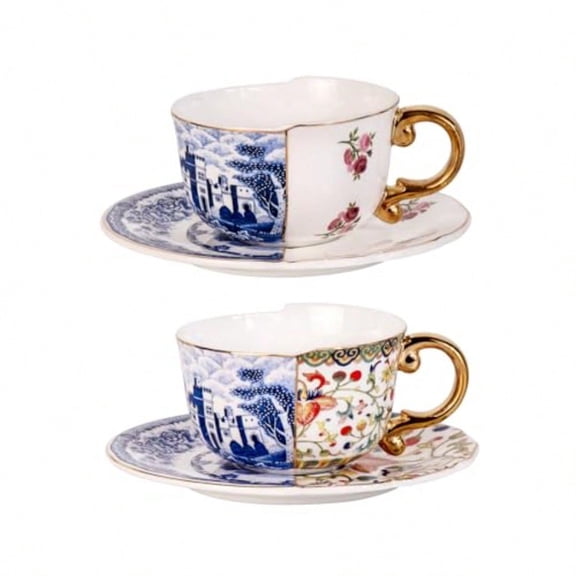 Tea Cups and Saucers Set of 2 Fine Bone China Coffee Cups 8.5-Ounce Stackable Espro Mugs Ceramic Demitasse for Coffee Cappuccino Latte Americano Tea Doozy + Rose