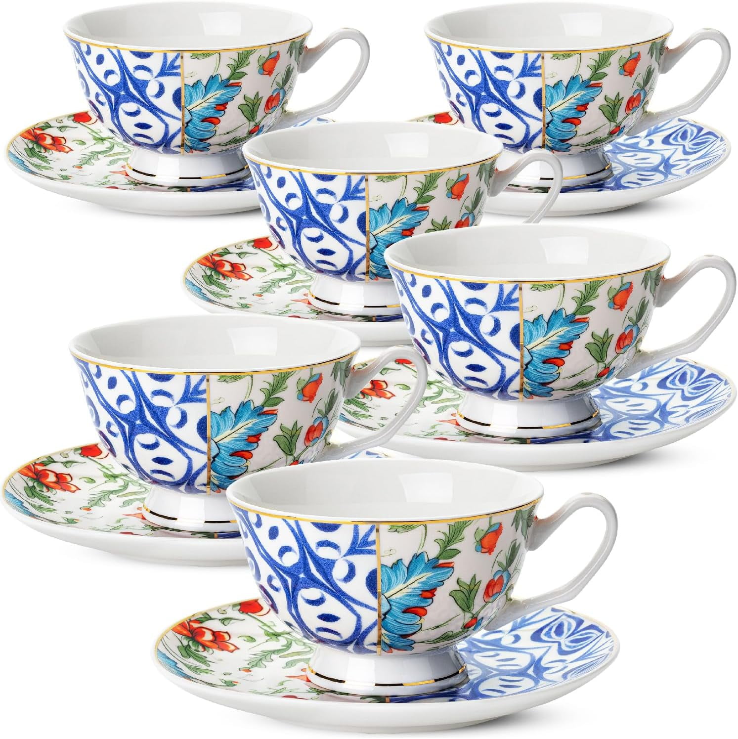 Floral Tea Cup Set Of 6 - 8oz Porcelain Cups & Saucers With Spoons | Vintage Style For Coffee, Tea & Entertaining