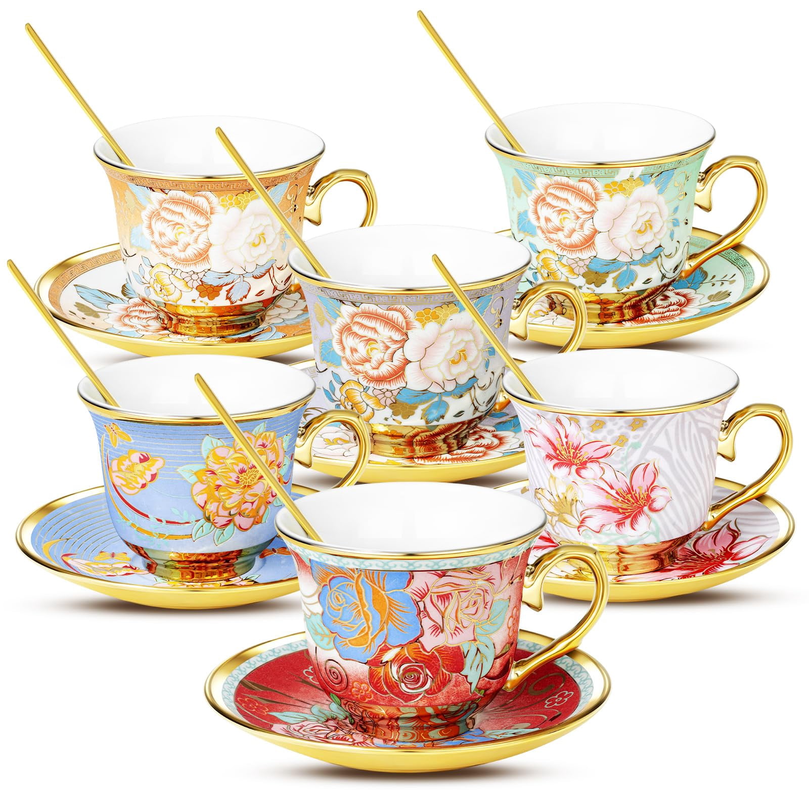 Tea Cups and Saucers Sets of 6, 8 Oz Floral Tea Cups with Spoons ...