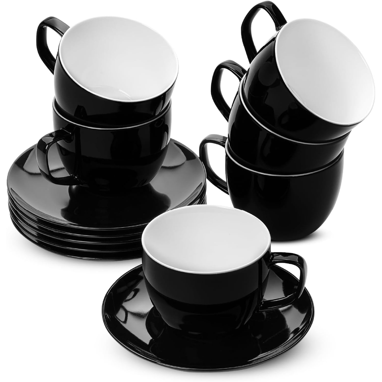 Tea Cups and Saucers, Set of 6, 8oz, Black, Porcelain Tea Set for ...