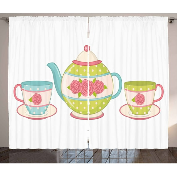 Ambesonne Tea Curtains 2 Panel Set, Classic Porcelain Floral Teapot, 108" x 90", Multicolor