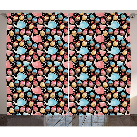 Tea Curtains 2 Panels Set, Sweet Muffins Cupcakes with Blueberries Polka Dots Style Vintage Ceramic Teapots Kitsch, Window Drapes for Living Room Bedroom, 108W X 108L Inches, Multicolor, by Ambesonne
