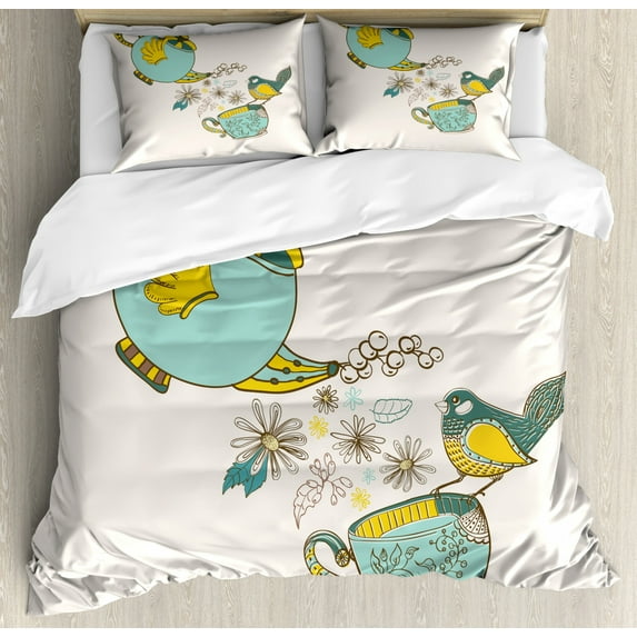 Tea Duvet Cover Set Queen Size, Bird Drinking Winged Teapot Alice in Wonderland Style Friends Flowers Spring, Decorative 3 Piece Bedding Set with 2 Pillow Shams, Teal Pale Blue Yellow, by Ambesonne