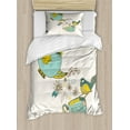 thumbnail image 1 of Tea Duvet Cover Set Twin Size, Bird Drinking Winged Teapot Alice in Wonderland Style Friends Flowers Spring, Decorative 2 Piece Bedding Set with 1 Pillow Sham, Teal Pale Blue Yellow, by Ambesonne, 1 of 3