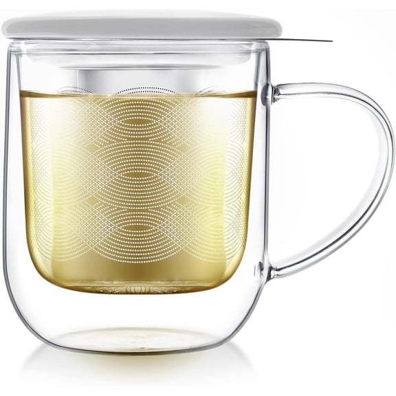 Tea-For-One Steeping Mug Insulated Double Wall Glass Mug (12 oz), Stainless Steel Inser, Porcelain Lid/Coaster Radiance Brewing Mug
