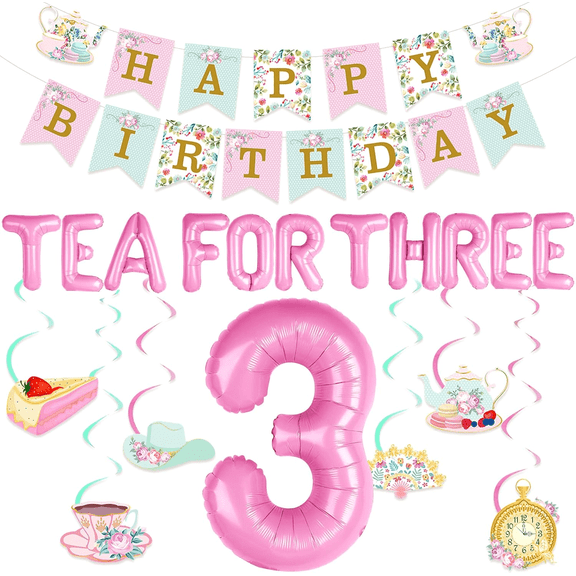 Tea For Three Party Decorations Tea Party Decorations Tea Party Balloons Tea Party Birthday Decorations Tea Party Banner Floral Birthday Banner