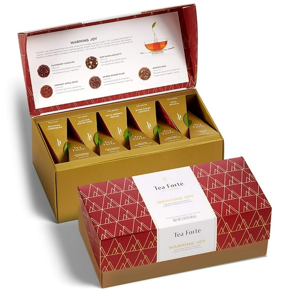 Tea Forte Warming Joy Presentation Box Tea Sampler Gift Set, Assorted Variety Tea Box, 20 Handcrafted Pyramid Tea Infuser Bags with Black Tea and Herbal Tea Winter Holiday Blends