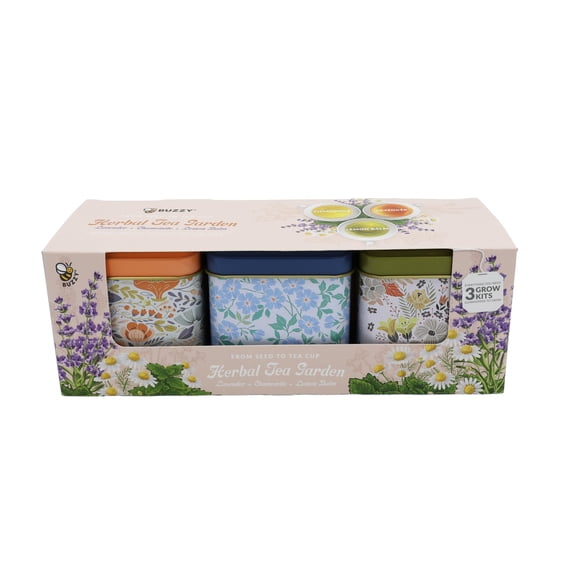 Tea Garden Grow Kit (Set of 3) Lavender, Chamomile & Lemon Balm Indoor Herbal Tea Starter Kits in Decorative Metal Tins