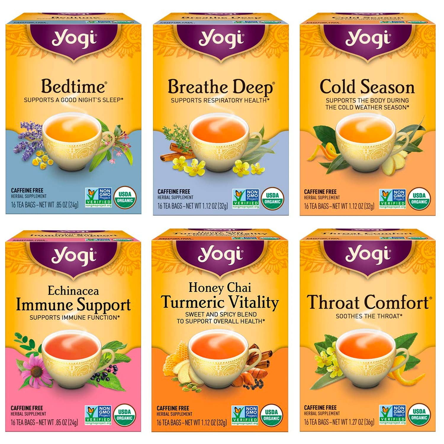 Tea Get Well Variety Pack 6 Packs of 16 Tea Bags for Cold Season Support Includes Bedtime