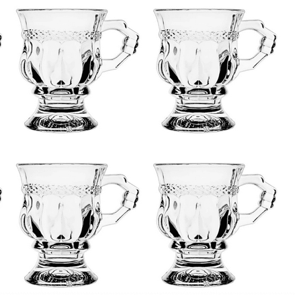 Tea Glasses Set of 6, Turkish Tea Cups with Handle, 5 oz Footed Glass Coffee Mugs for Hot Cold Beverages Drinks