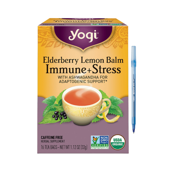 Tea Herbal Tea, Elderberry Lemon Balm Immune + Stress Tea, Caffeine Free 16 ct