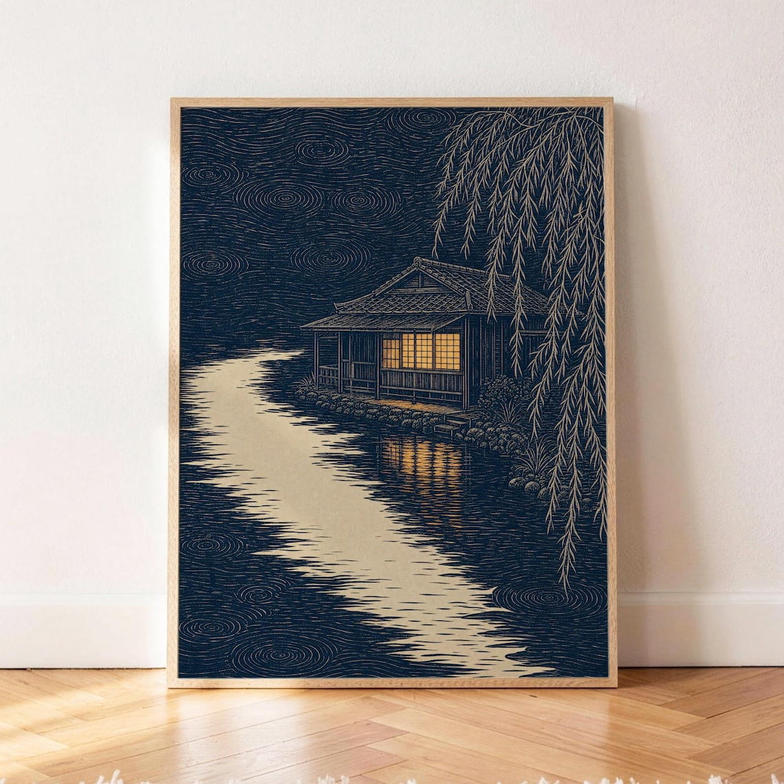 Tea House Poster, Japanese, Willow River Ukiyo E, Woodblock Night, Cozy ...