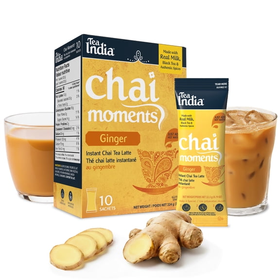 Tea India Chai Moments Ginger Chai Tea Instant Latte Mix Flavorful Blend Of Premium Black Tea, Ginger & Natural Ingredients Traditional Indian Caffeinated Tea Individually Wrapped 10 Sachets