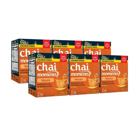 Tea India Chai Moments Masala Chai Tea Unsweetened Instant Latte Mix Flavorful Blend Of Premium Black Tea, Spices & Natural Ingredients Traditional Indian Tea Individually Wrapped 10 Sachets Pack of 6
