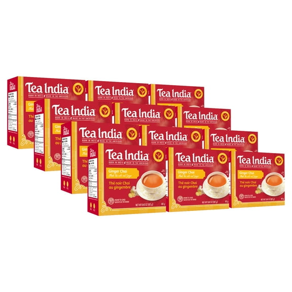 Tea India Ginger Chai Black Tea with Real Ginger Flavorful Blend Of Premium Black Tea, Ginger & Natural Ingredients Traditional Indian Caffeinated Tea 80 Round Tea Bags Pack of 12