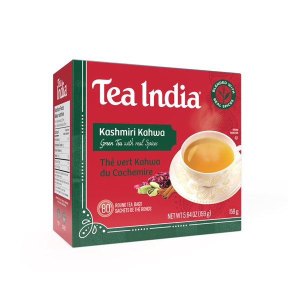 Tea India Kashmiri Kahwa Tea Premium Indian Chai Loose Leaf Tea with Natural Ingredients Spiced Green Tea Chai with real Cinnamon, Cardamom & Rose Petal 80 Individually Packed Round Tea Bags