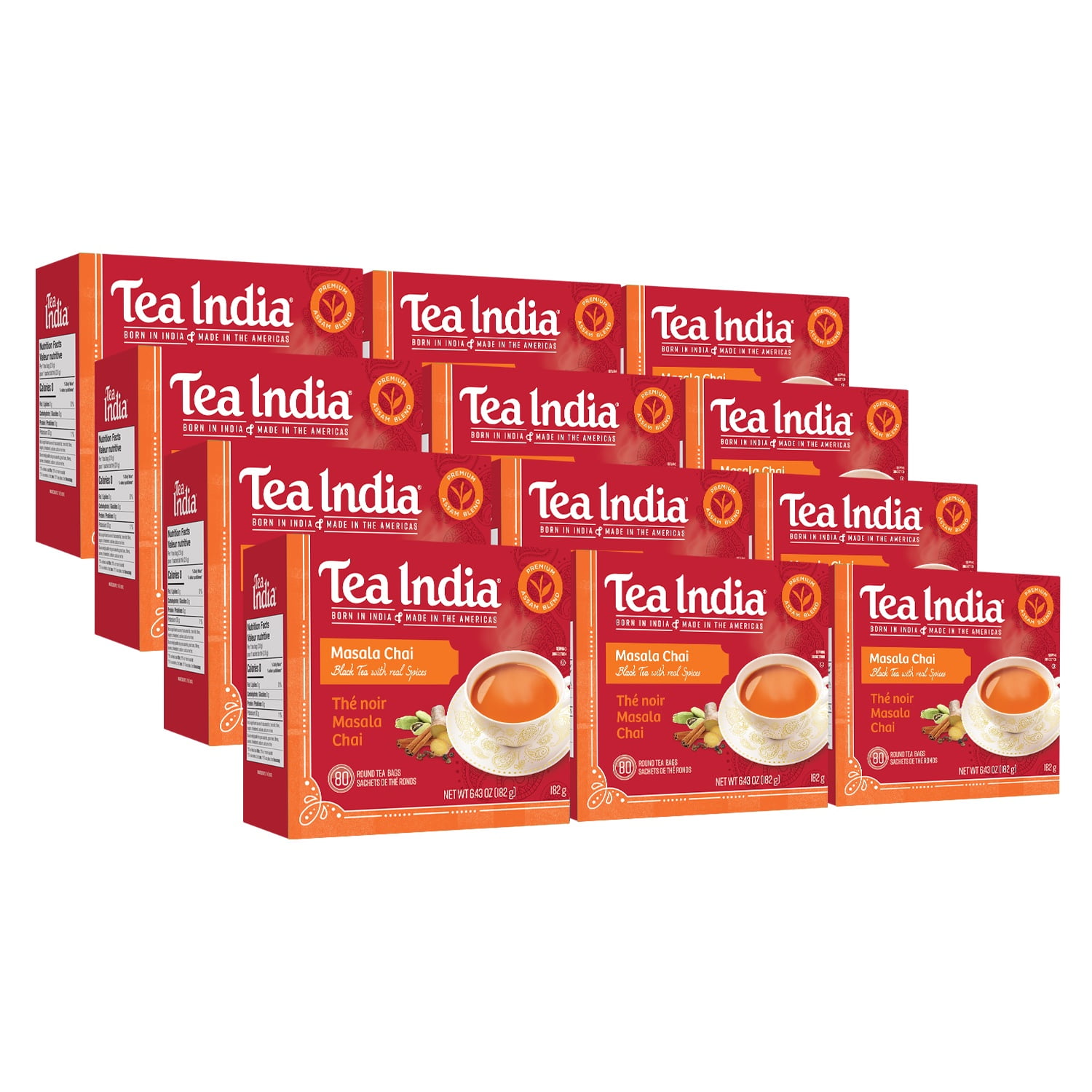 Tea India Masala Chai Tea Flavorful Blend Of Black Tea & Natural Ingredients Strong Full-Bodied Traditional Indian Caffeinated Tea with 80 Round Tea Bags Pack of 12