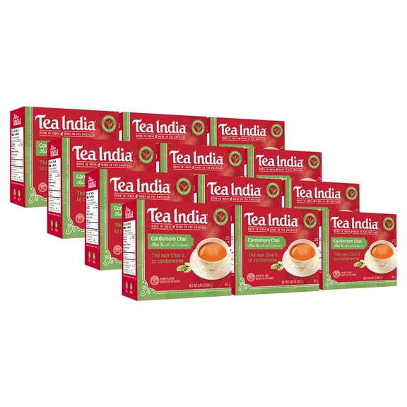 Tea India Premium Red Box Cardamom Chai Tea Flavorful Blend Of Premium Black Tea, Cardamom & Natural Ingredients Traditional Indian Caffeinated Tea with 80 Round Tea Bags Pack of 12