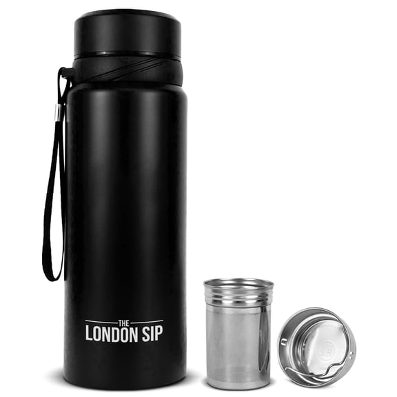 London Sip 25 oz Multi-Function Travel Mug and Tumbler Tea Infuser Water Bottle Fruit Infuser Flask Hot and Cold Double Wall Stainless Steel Coffee Thermos, Zen Black