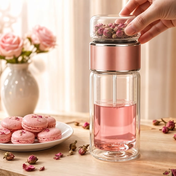 Tea Infuser Bottle 280ML Double Layer Stainless Steel Leak Proof Separating Bottle Reusable Glass Water Tumbler for Office Trip Home Pink