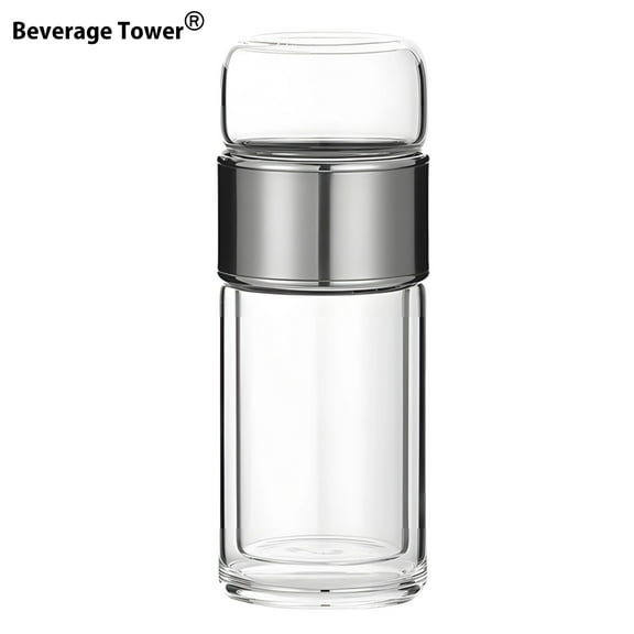 Tea Infuser Bottle, Double Wall Glass Travel Mug, Heat Resistant Tea Tumbler, Loose Leaf Tea Strainer Cup, Glass Water Tea Tumbler for Homes, Offices, Schools, Silver, 16.9 oz