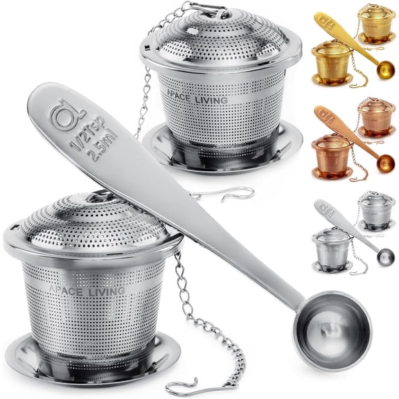 Tea Infuser Set of 2 with Tea Scoop & Drip Trays - 304 Stainless Steel Ultra Fine Mesh Loose Leaf Tea Strainer, Reusable Tea Steeper Basket for Rooibos, Green, Black, Herbal & Oolong Tea, etc