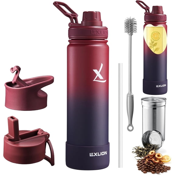Tea Infuser Water Bottle 22 Ounces Triple Wall Insulated Stainless Steel with Fruit Strainer and Leakproof Lids