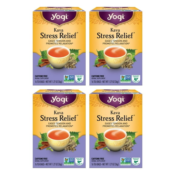 Tea Kava Stress Relief Tea - 16 Tea Bags Per Pack (4 Packs) - Made With Organic, Caffeine-Free Relaxing Tea - Includes Carob Pod, Indian Sarsaparilla Root, Cinnamon Bark, Ginger Root & More