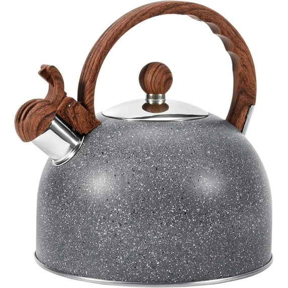 Tea Kettle for Stove Top, Loud Whistling Kettle for Boiling Water Coffee or Milk, 3.1 Quart 3L Heavy Stainless Steel Black Kettle with Wood Pattern Handle, Unique Button Control Kettle Outlet