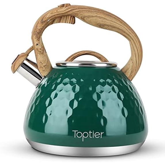 Tea Kettle, Teapot Whistling Kettle with Wood Pattern Handle Loud Whistle, Food Grade Stainless Steel Tea Pot for Stovetops Induction Diamond Design Water Kettle, 2.7-Quart Dark Green