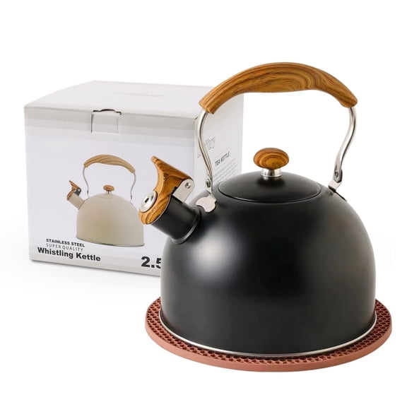 Tea Kettle for Stove Top, 2.5 Quart Whistling Tea Kettle, with Food Grade Stainless Steel and Wood Pattern Folding Handle