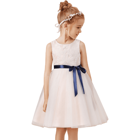 Tea Length Flower Girl Dresses Puffy Tulle Layers Birthday Party Dress Lace Princess Pageant Dress for Girls ( 6 -7 Years)
