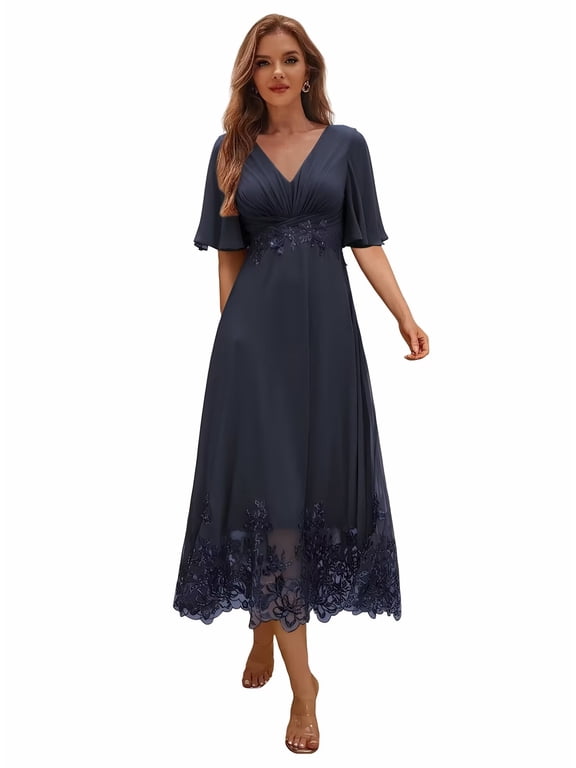 Tea Length Mother of the Bride Dress for Women, V Neck Flutter Sleeve Chiffon Formal Evening Dress with Lace Appliques