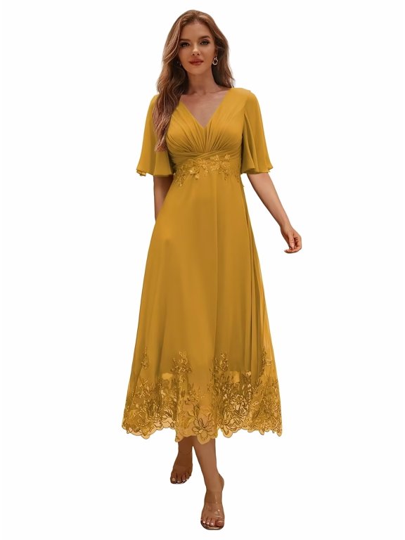 Tea Length Mother of The Bride Dress for Women, V Neck Flutter Sleeve Chiffon Formal Evening Dress with Lace Appliques