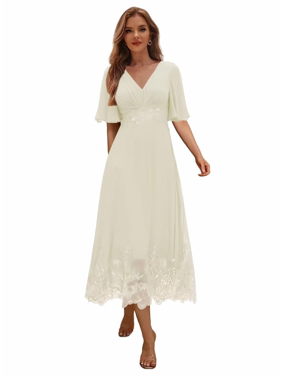 Tea Length Mother of The Bride Dress for Women, V Neck Flutter Sleeve Chiffon Formal Evening Dress with Lace Appliques