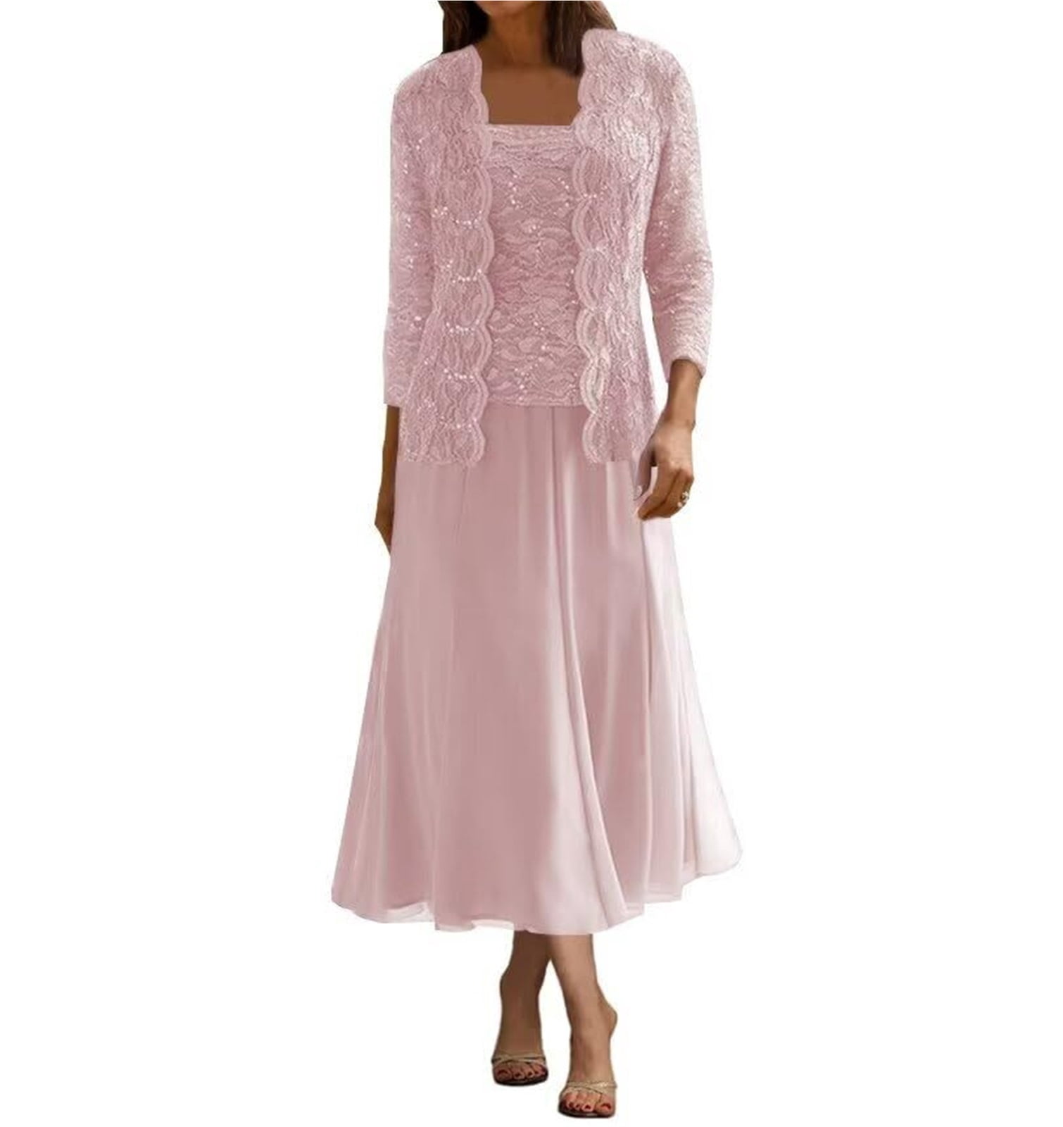 Tea Length Mother of The Bride Dresses 2 Piece Chiffon Laces Mother of Groom  Dresses with Jacket Size 22 Plus Pink - Walmart.com