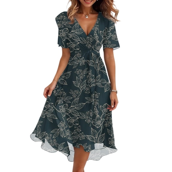 Tea Length Mother of The Bride Dresses for Women Ruffles Evening Gown V-Neck Midi Formal Wedding Guest Dress Dark Gray 2XL