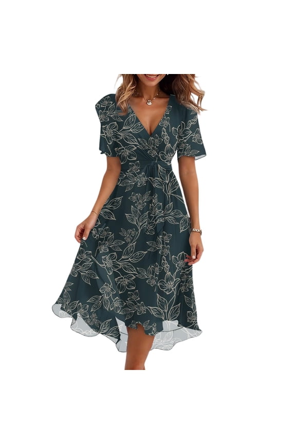 Tea Length Mother of The Bride Dresses for Women Ruffles Evening Gown V-Neck Midi Formal Wedding Guest Dress Dark Gray XL